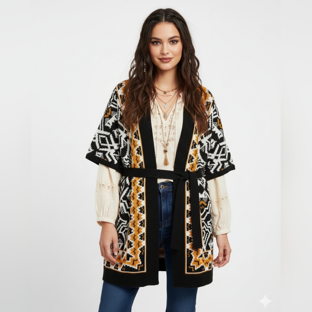 EUC H&M Divided Jaquard Knit Belted Boho Kimono Style Cardigan Size Small